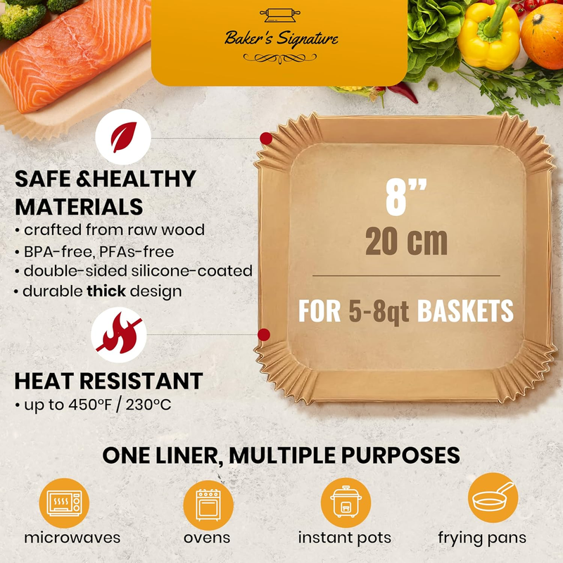 125 Air Fryer Paper Liners 8 Inch Square Non Stick Disposable Oil Proof2