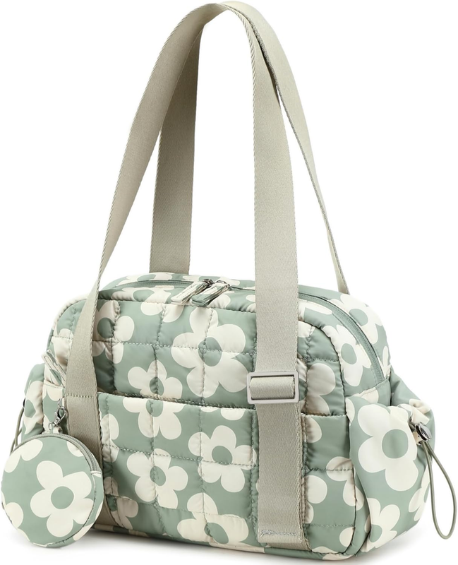 Mini Gym Bag Women Quilted Duffel Wet Compartment Yoga Dance Green Flower 12.6"10