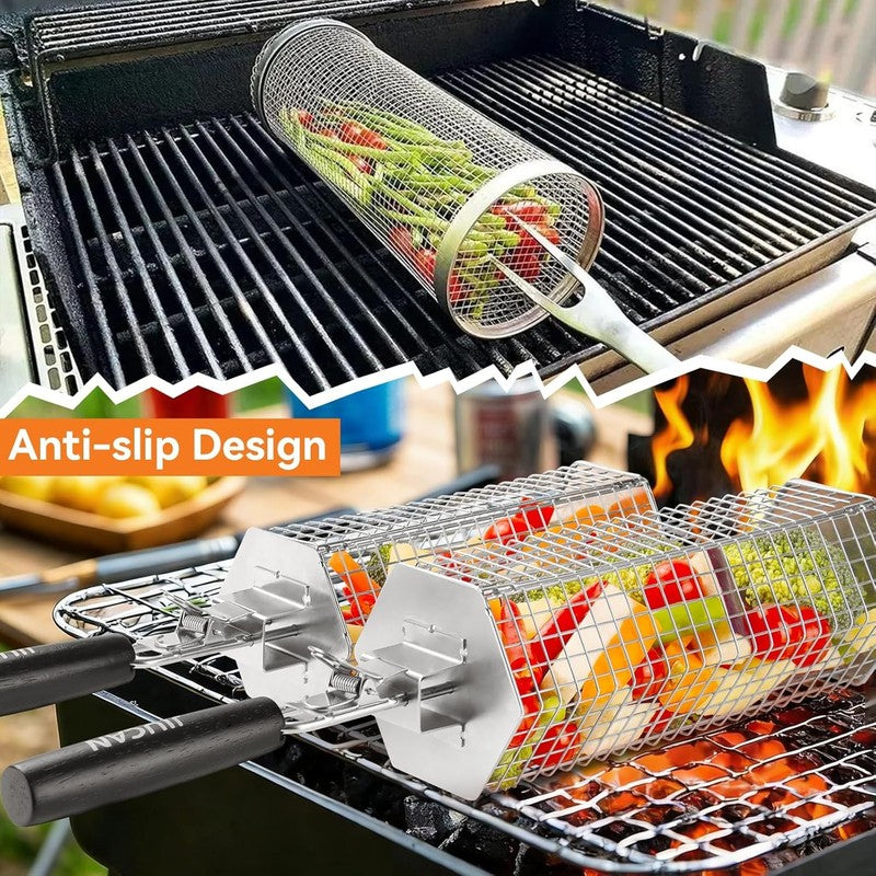 Grill Baskets Set, 2 PCS Stainless Steel Grill Baskets with Removable Wooden Han3