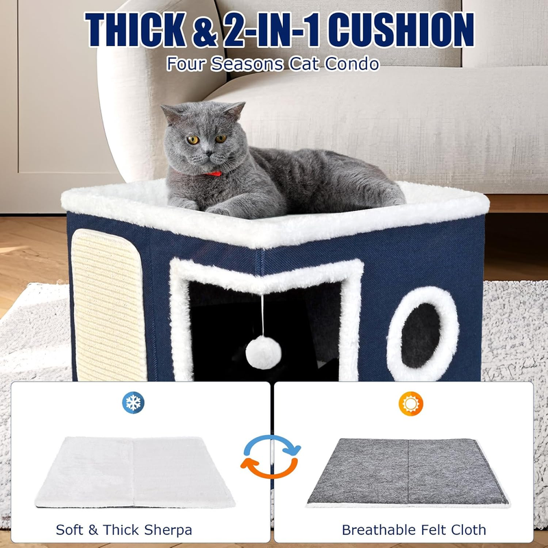 Cat Beds for Indoor Cats, Large Cat Cave Bed with Scratch Pad and Fluffy Ball, F5