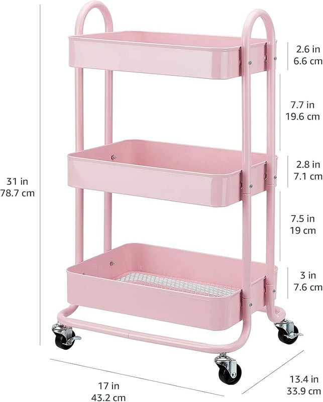 3-Tier Rolling Utility Cart with Lockable Wheels, Charcoal Storage Pink4