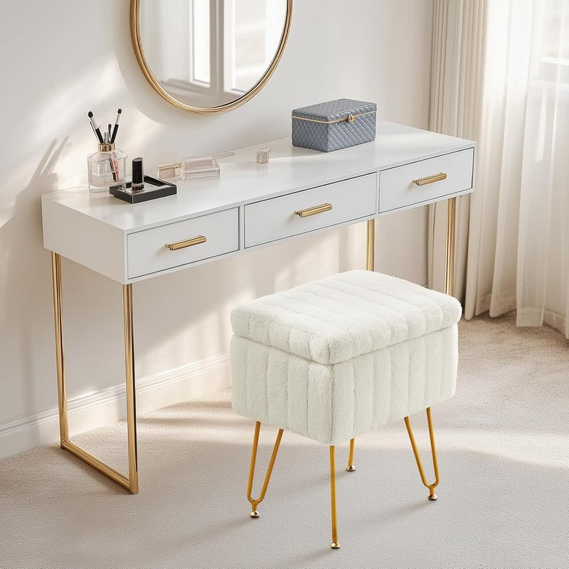Vanity Stool Ottoman with Storage Faux Fur Seat Footrest Chair 4 Metal Legs1