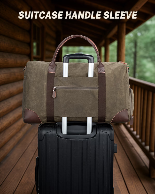 55L Waxed Canvas Duffle Bag Water Resistant Vintage Travel w/Shoe Comp3