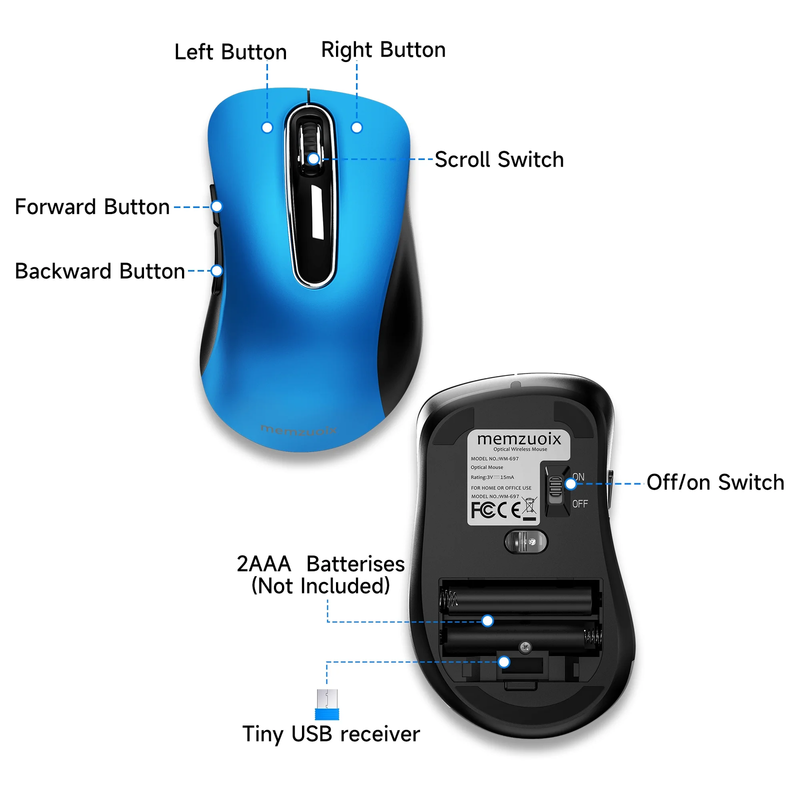 2.4GHz Wireless Mouse 1200 DPI 5 Button USB Receiver for PC Laptop Blue4