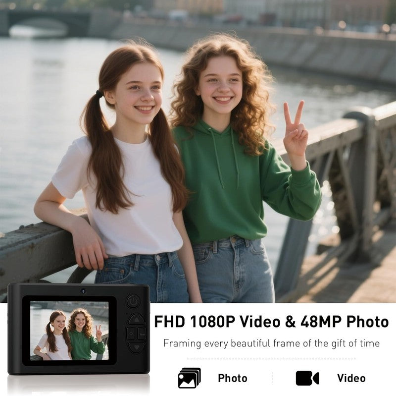 48MP Kids Digital Camera 1080P Dual Lens w/ 32GB Card – Black Gift1
