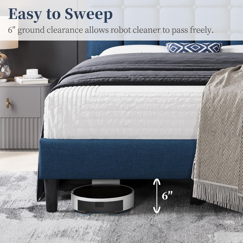 Upholstered Full Bed Frame Tufted Headboard Adjustable Wood Slats Navy Blue6