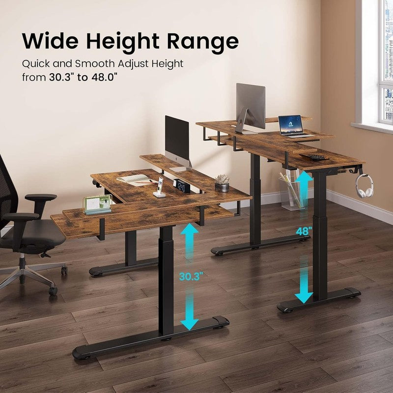 L Shaped Electric Standing Desk w/ Keyboard Tray LED Power Rustic Brown4