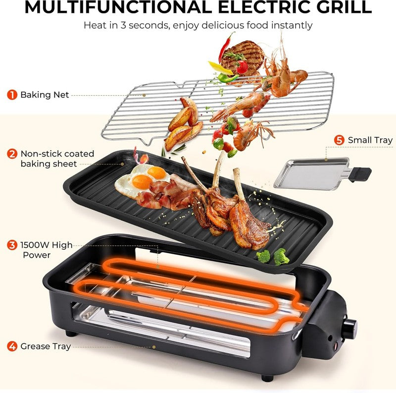 2 in 1 Electric Indoor Grill Smokeless 1700W Nonstick Removable Plate Black4