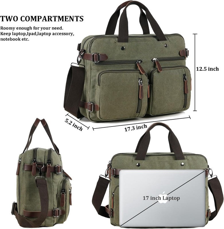 3 in 1 Canvas Laptop Bag 17.3 Inch Convertible Shoulder Travel Business Green2