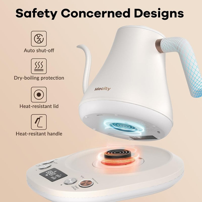 Gooseneck Electric Kettle 0.8L 1200W LCD Temp Control Keep Warm Off White3