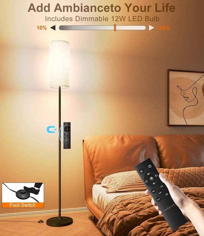 Dimmable Floor Standing Tall Lamp, 12W Led Bulb with Lampshade, Foot Switch, Rem1