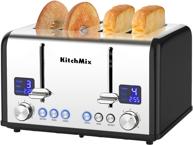4 Slice Toaster Black - Stainless Steel, LCD Timer, Wide Slots, Dual Display10