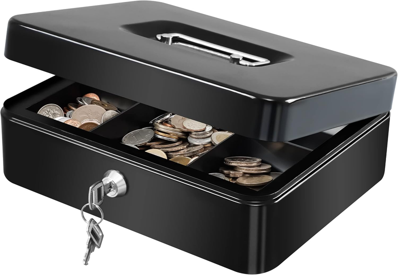 Secure Large Metal Cash Box with Lock & Tray - 9.84"x7.87"x3.54" Black8