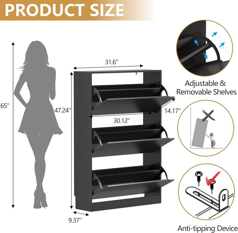 47'' Shoe Cabinet 3 Flip Drawers Slim Wood Storage Rack Organizer Entryway Black1