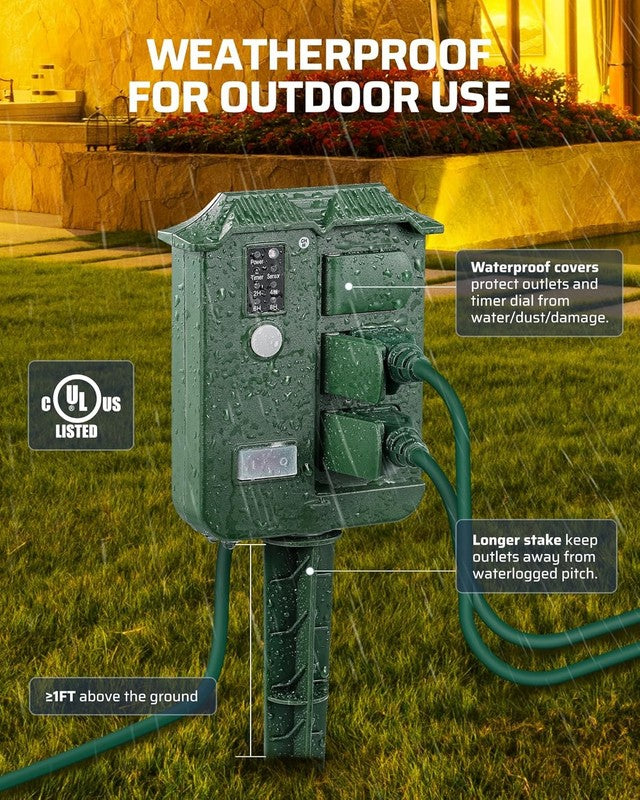 Outdoor Power Stake Timer Waterproof, 6 Grounded Outlets, 6FT Extension Cord, 103