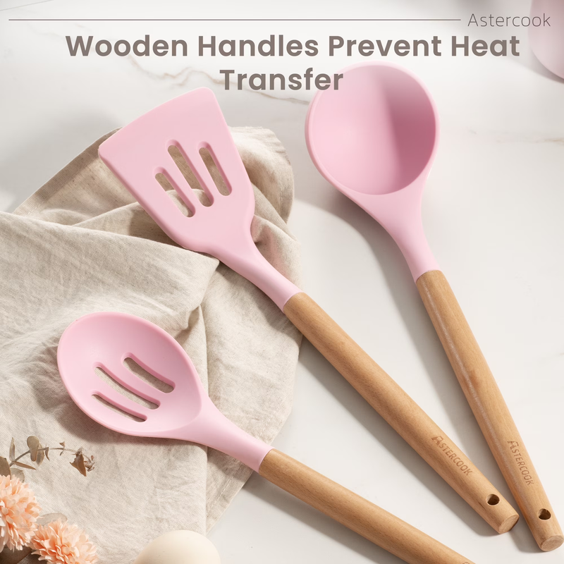 38PCS Silicone Kitchen Utensil Set Wooden Handle Heat Resistant Pink1