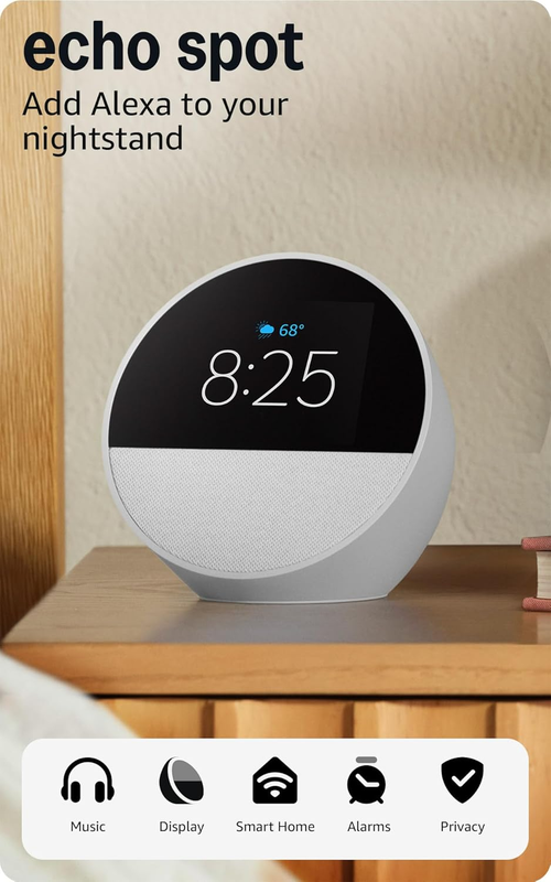 Amazon Echo Spot Smart Alarm Clock Alexa Built In Glacier White0