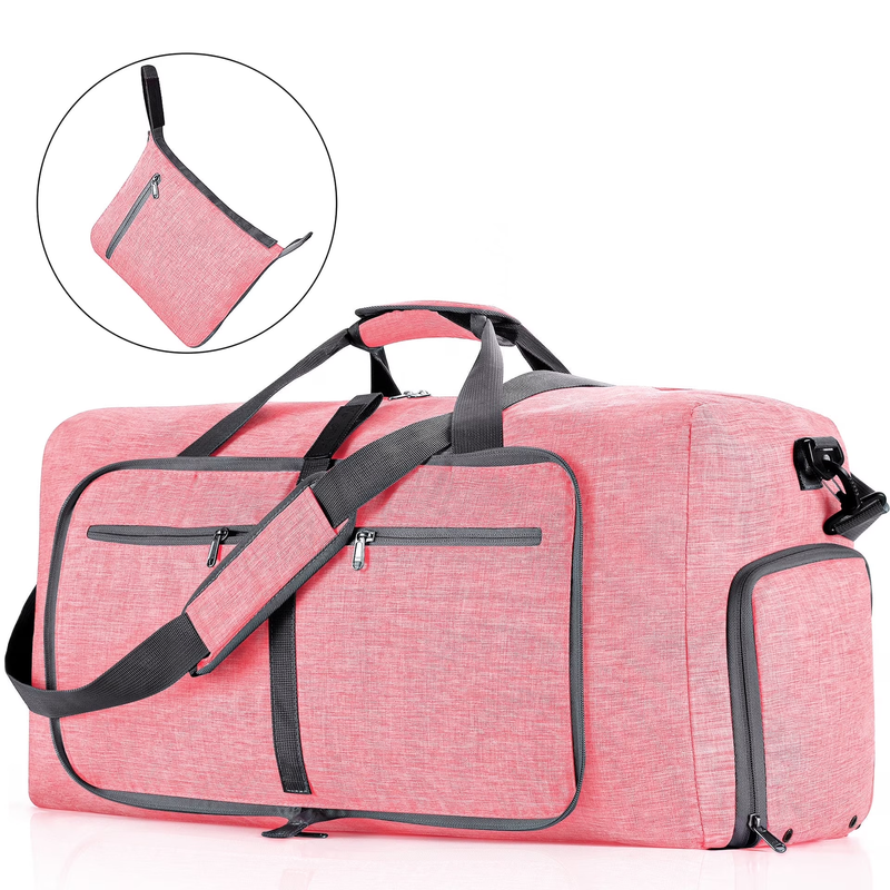 65L Foldable Travel Duffle Bag Waterproof Weekender w/Shoe Compartment Pink9