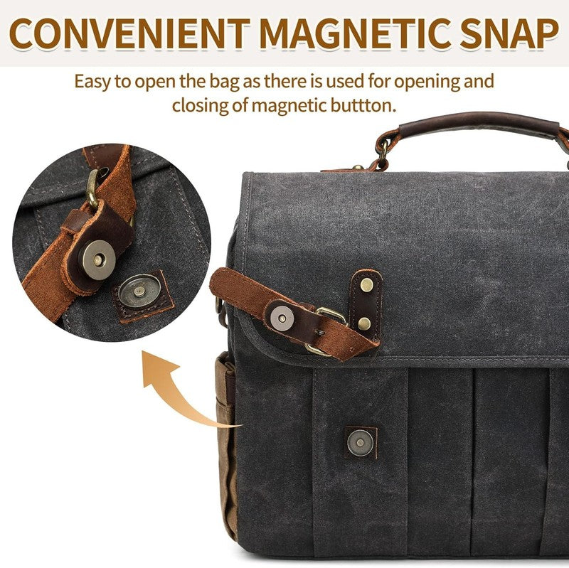 Men's 15.6" Vintage Canvas Leather Laptop Messenger Bag Dark Gray Satchel3