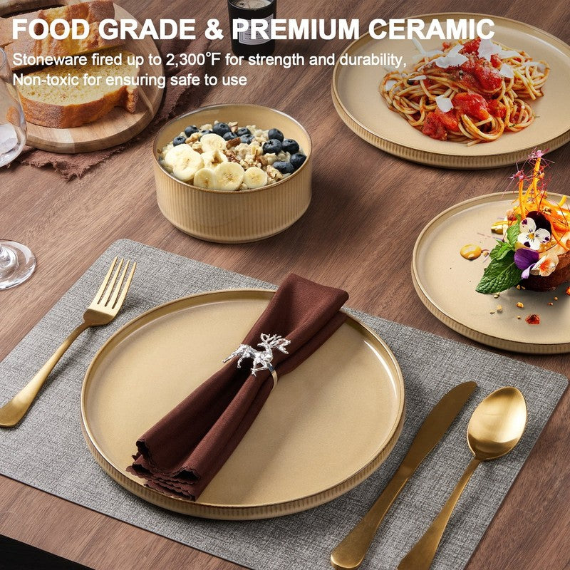 Dinnerware Set for 4, 12 Piece Stoneware Ribbed Dishes with Reactive Glaze, Cera4