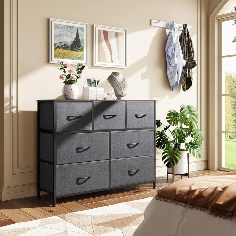 7 Drawer TV Stand Dresser Dark Grey Metal Frame Wood Top Storage Chest8