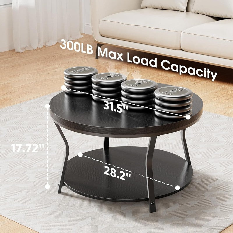 Round Coffee Table 2 Tier Industrial Modern Metal Frame 31.5in Black1