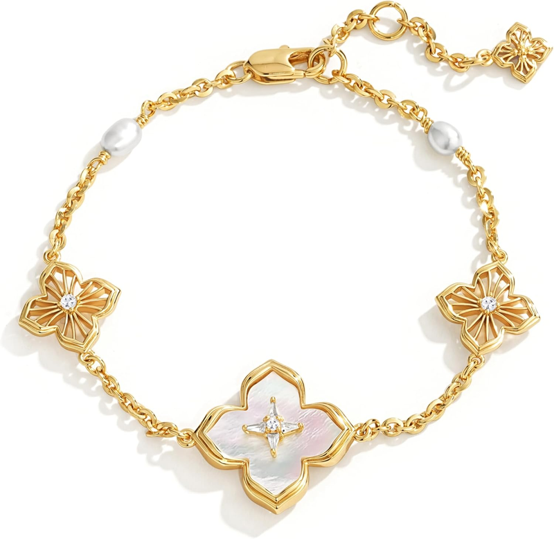 14K Gold Plated Pearl Clover Bracelet Women 2-Sided Flower Charm8