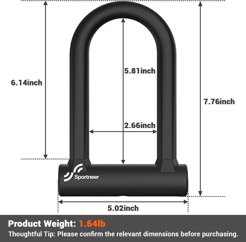 Heavy Duty Bike U Lock 17mm Shackle + 5ft Cable & Mount Bracket Anti-Theft Key2
