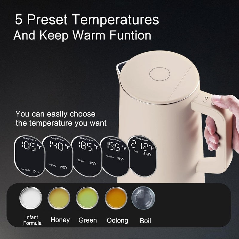Electric Kettle 1.5L Stainless Steel Double Wall 5 Temp LED Keep Warm White2