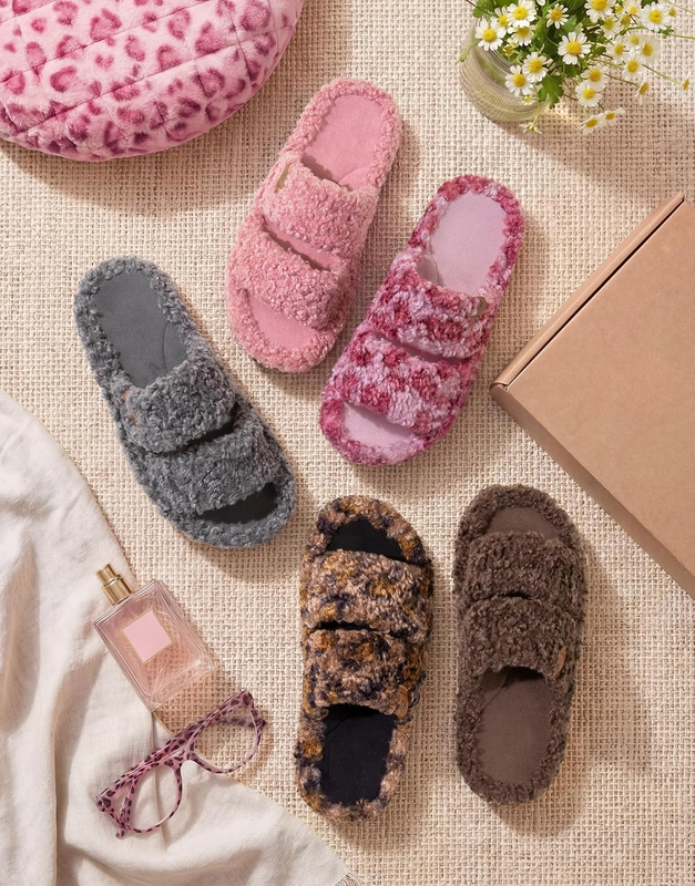 Womens Fuzzy Open Toe Slippers Soft Comfy Memory Foam Indoor House Shoes6