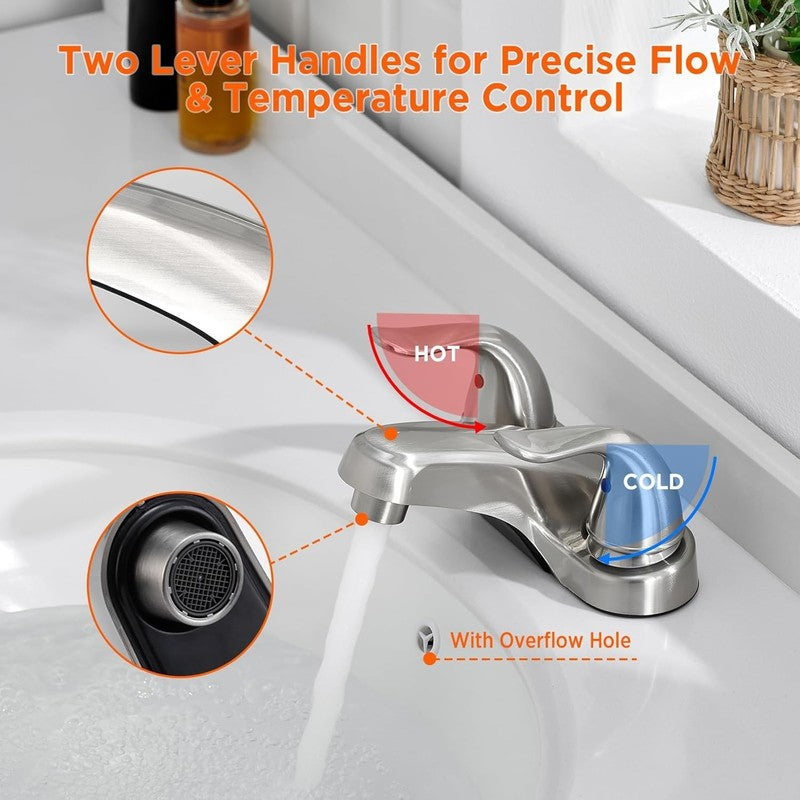 2 Pack Brushed Nickel Bathroom Sink Faucet 4" Dual Handle w/ Drain Hoses6