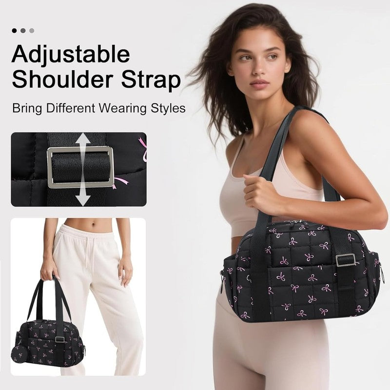 Mini Gym Bag Women Quilted Duffel Wet Compartment Coin Purse Black Pink Bow1