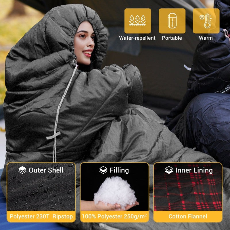 XL Cotton Flannel Sleeping Bags, Oversized Weatherproof 3-Season Sleep Bag with 4