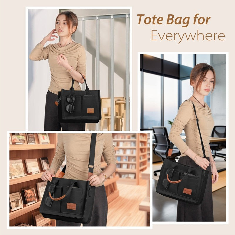 Canvas Tote Bag with Multi Pockets Large Crossbody Laptop Work Travel Tote Black2
