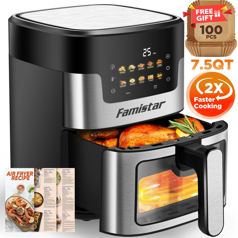 7.5QT Air Fryer Oven, 10-in-1, LED Touch, 10 Presets, w/ Basket & Liners7