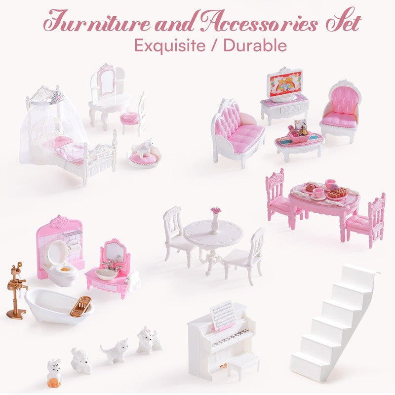 Wooden Dollhouse with 20Pcs Furniture 3 Storey Preschool Toy Dollhouse for Kids 2