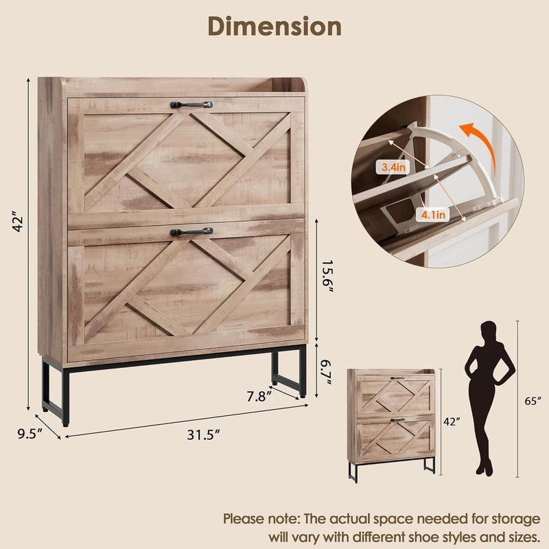 Shoe Cabinet 2 Flip Drawers Freestanding Slim Farmhouse Entryway Toasted Oak1