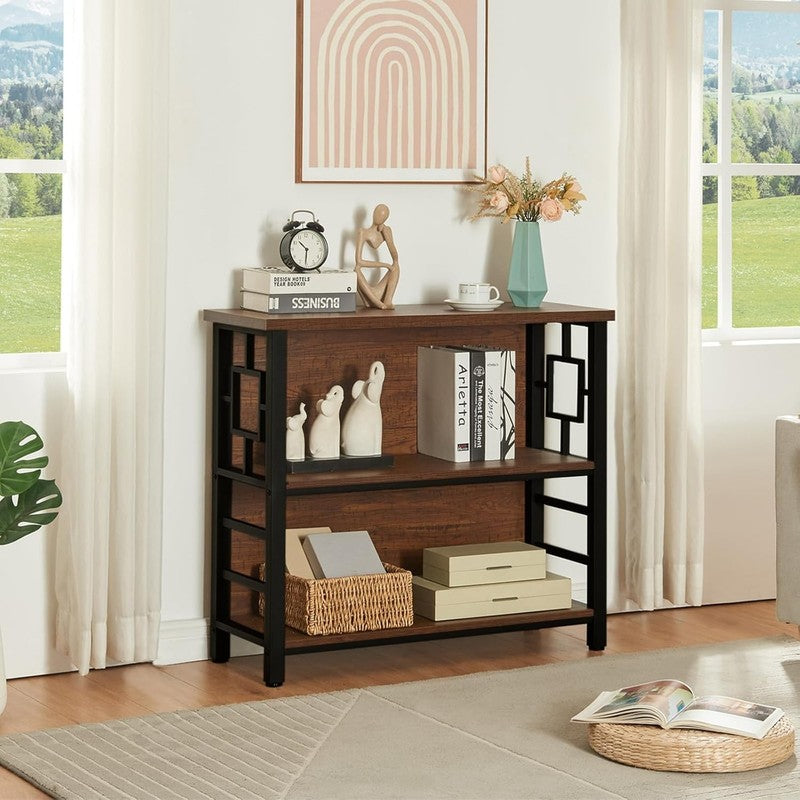 3 Tier Bookshelf Rustic Brown Engineered Wood Metal Storage Bookcase Low6