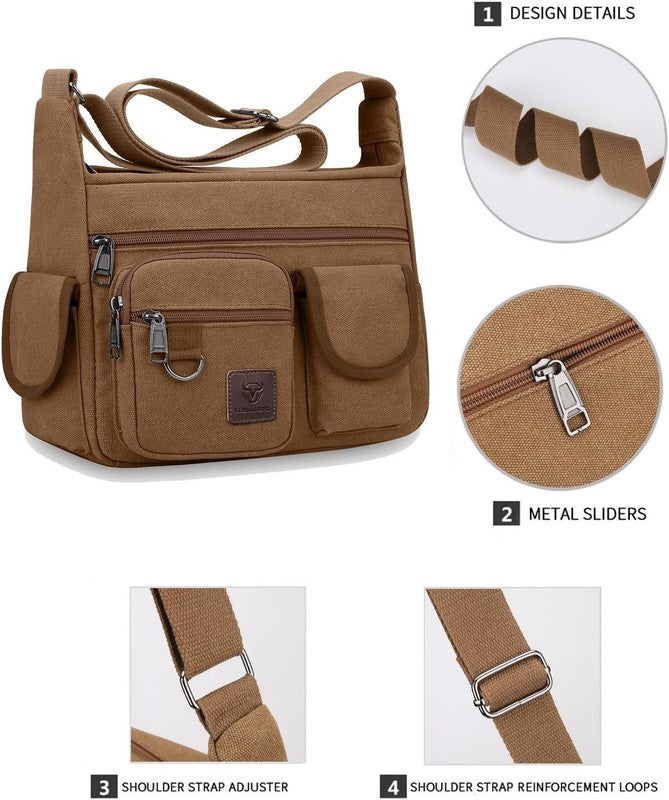 Canvas Shoulder Bag Men Multi Pockets 13 Inch Laptop Crossbody Sling Travel Bag4