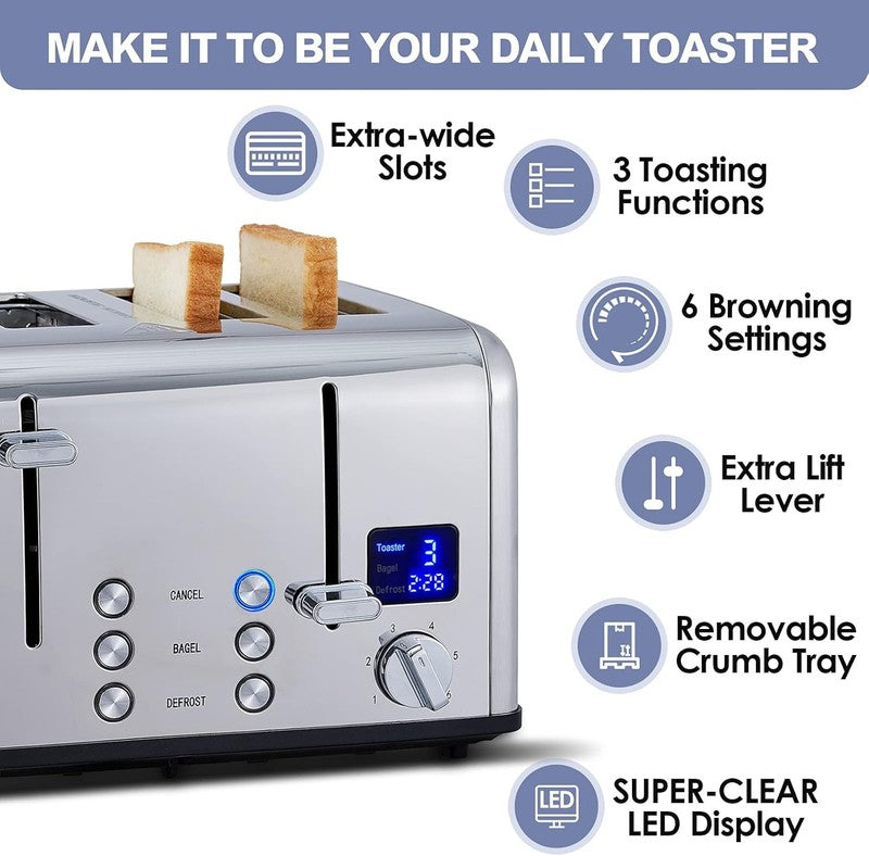 4 Slice Stainless Steel Toaster LED Wide Slots Bagel Defrost Cancel1
