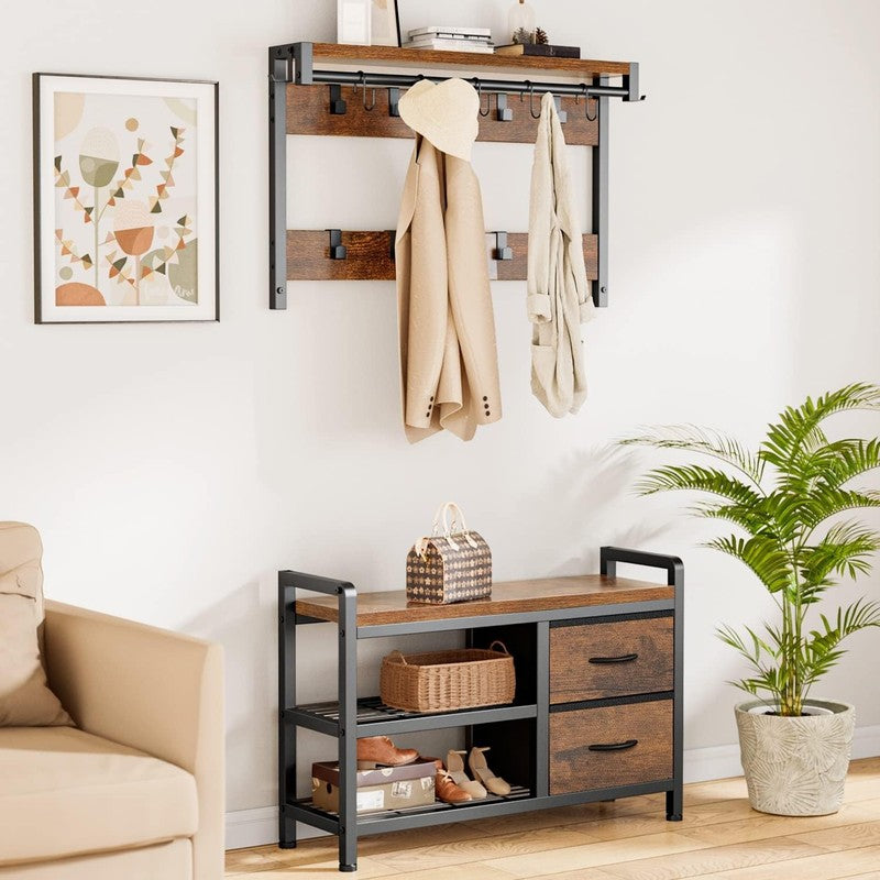 Hall Tree Entryway Bench with Coat Rack & Storage 5-in-1 Rustic Brown 31.5"8
