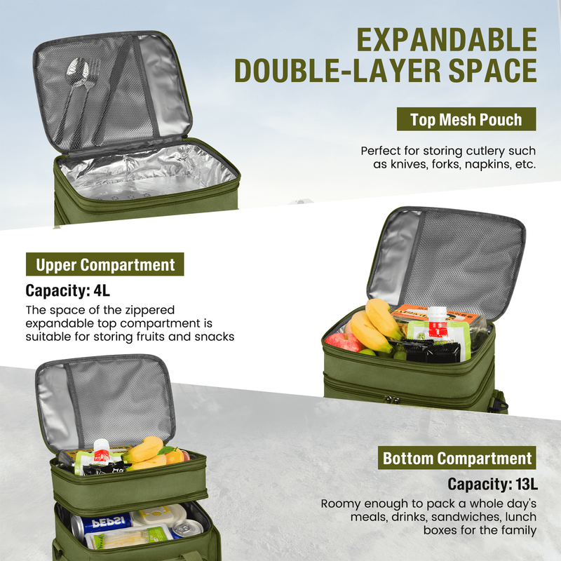 24L Insulated Lunch Bag Double Deck Cooler Tote Leakproof Work Beach Green7