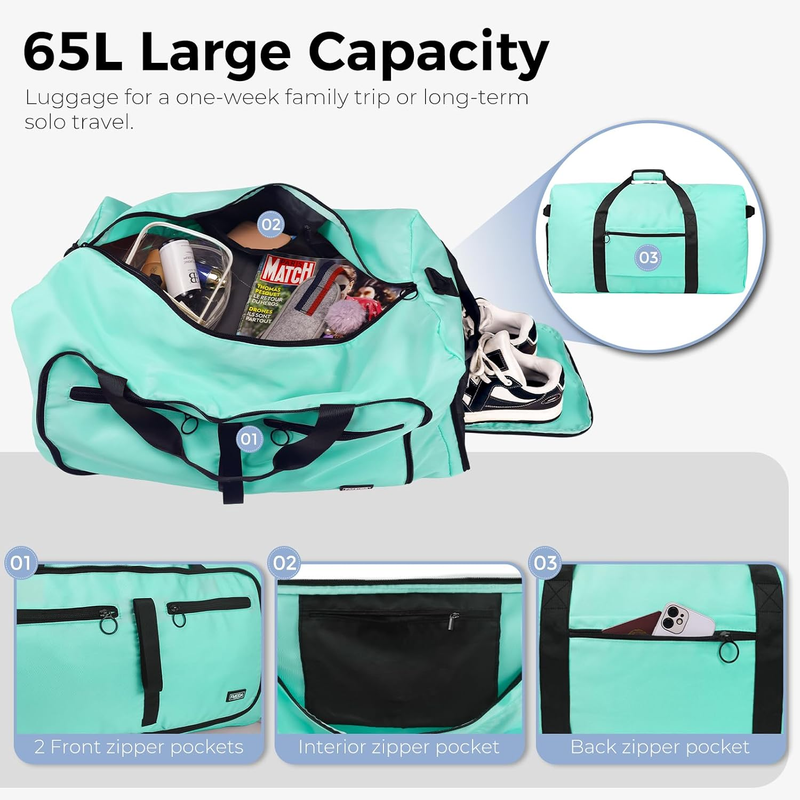 65L Travel Duffel Bag Foldable w/ Shoe Compartment Water Resistant Gray3