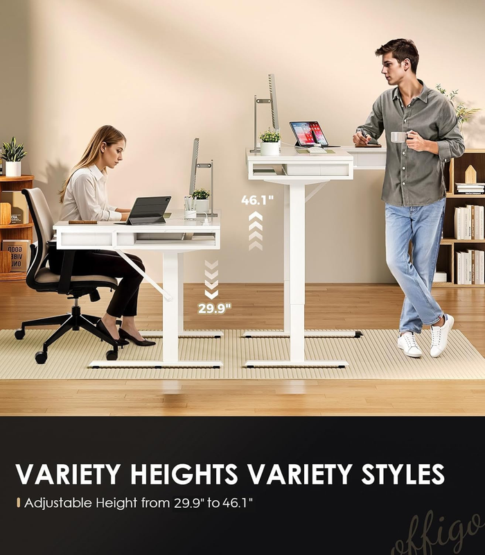 63" L Shaped Electric Standing Desk w/ Drawers Power Outlets Sit Stand White3