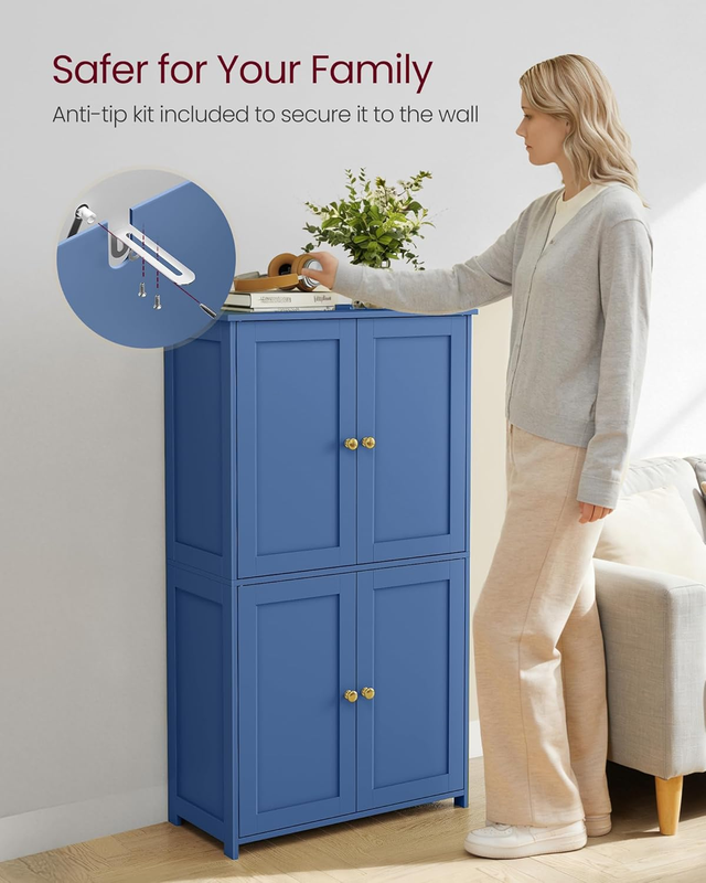 Shaker Floor Storage Cabinet 4 Door 2 Shelves Tall Organizer Bijou Blue6