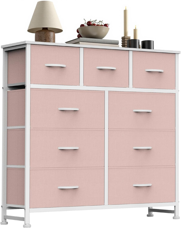 9 Drawer Fabric Dresser Storage Tower Steel Frame Wood Top Pink9
