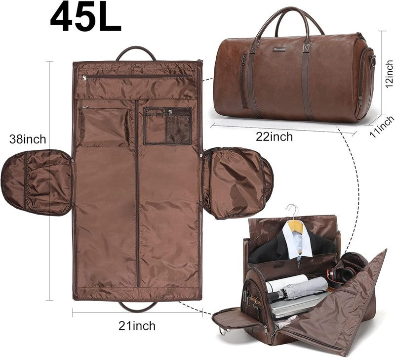 Leather Garment Duffle Bag Brown Waterproof Suit Travel Carry On Business5