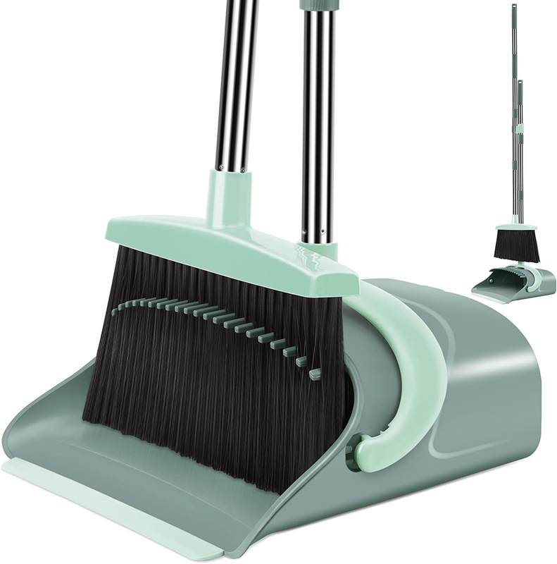 Broom and Dustpan Set Long Handle Upright Sweeping Combo Gray Green10