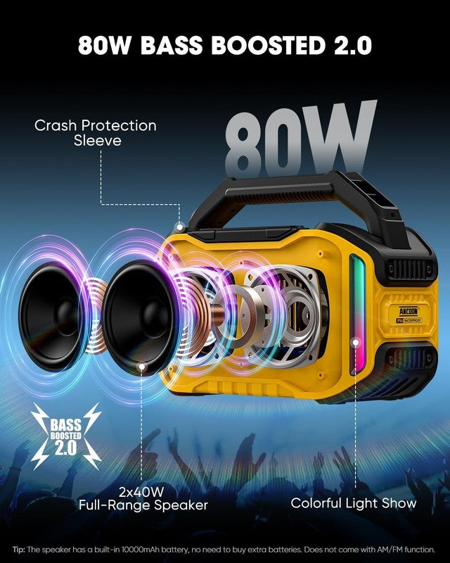 80W Bluetooth Speaker, Loud Bass, IPX6 Waterproof, 20H Playtime, TWS, Yellow1