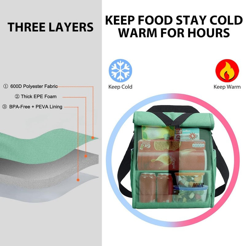 Insulated Roll Top Lunch Bag for Women Men Foldable Tote w/ Shoulder Strap Green5